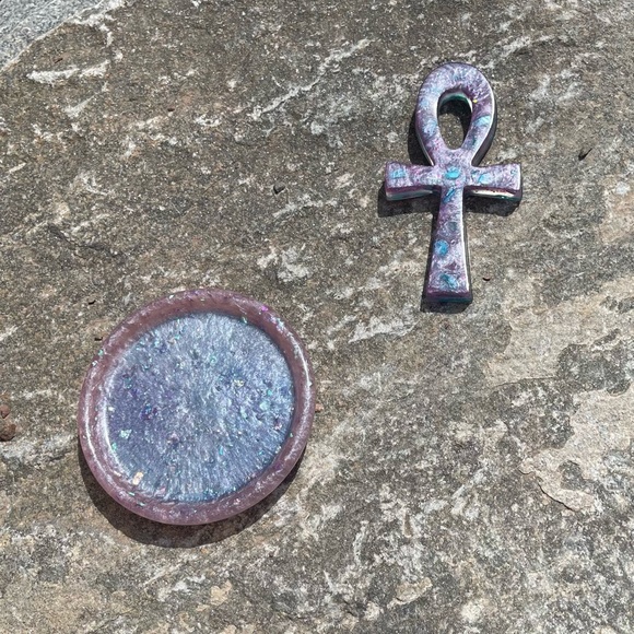 Purple Ankh glass art, Handmade Glass Art, Home Decor, Beach Crushed Shells - Picture 2 of 3